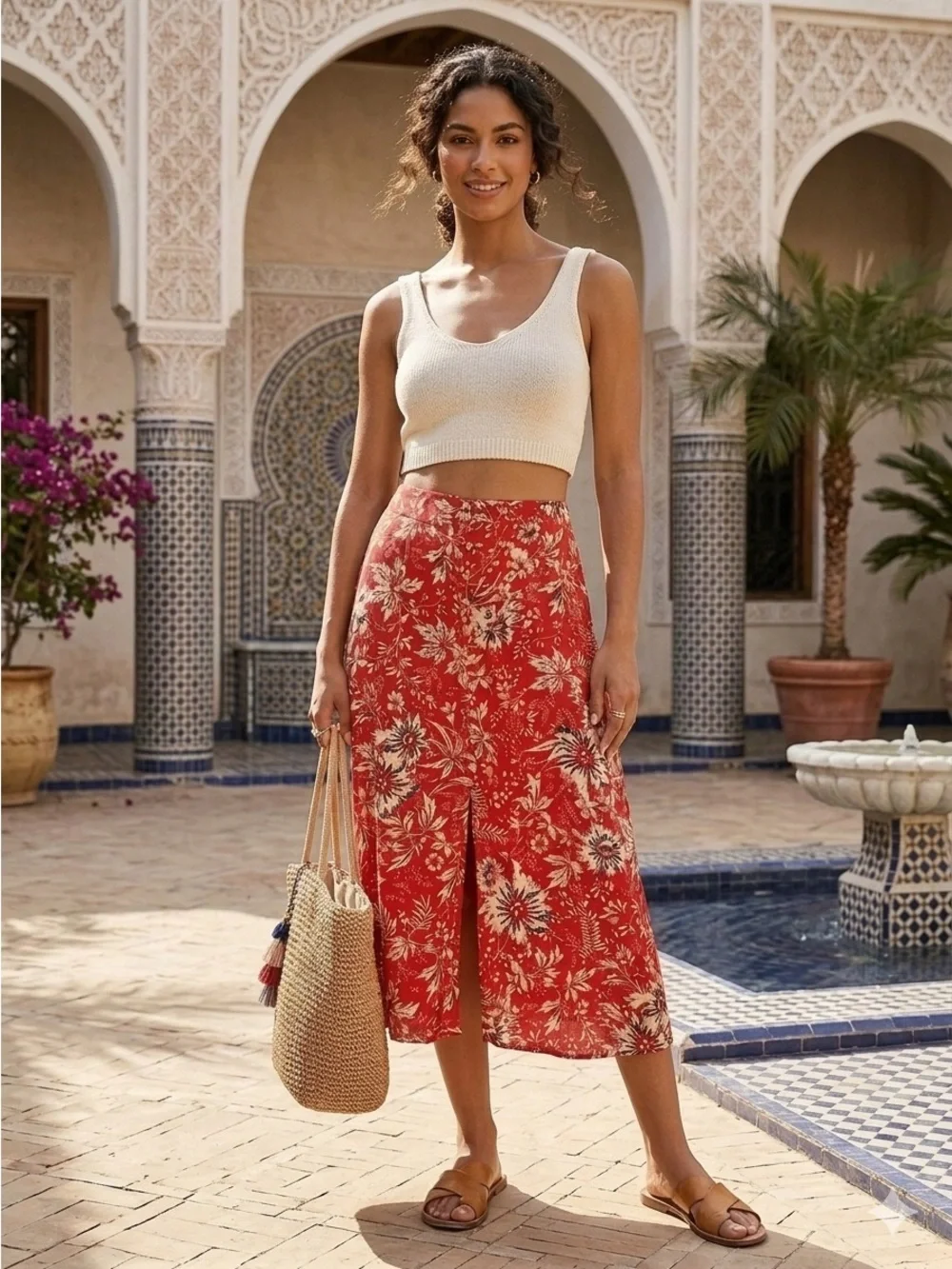 Free People Red Floral Midi Skirt with Front Slit Size L 100 Viscose